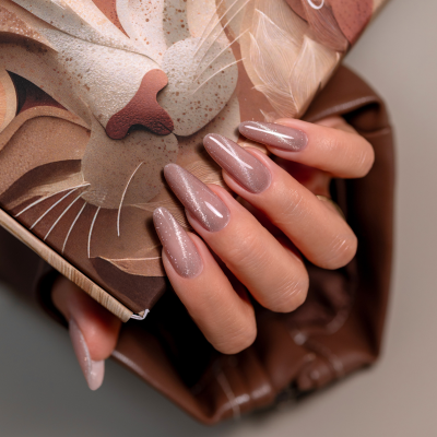 Mãos com unhas rosa nude brilhantes segurando livro de capa com ilustração de leão