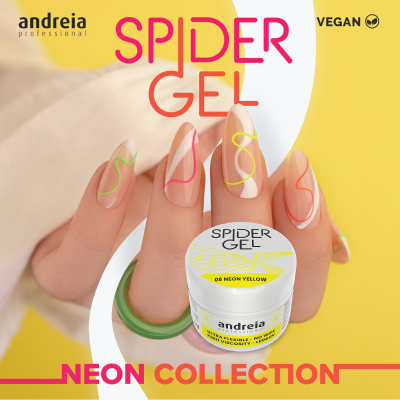 Recipiente branco de gel para unhas Andreia Spider Gel Neon Yellow com unhas decoradas coloridas em fundo amarelo