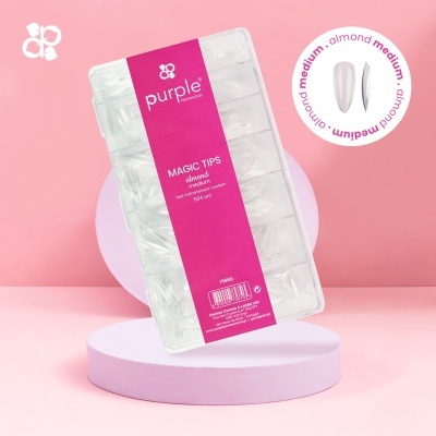 Embalagem de unhas postiças médias amêndoa da marca Purple Professional com etiqueta rosa