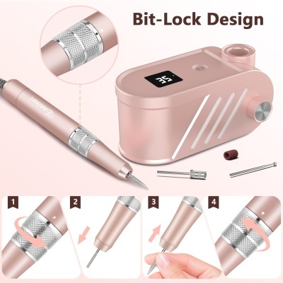 Dispositivo eletrônico rosa dourado com caneta e acessórios, visor digital com número 35, texto Bit-Lock Design