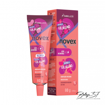 Tubo e caixa de creme rosa, roxo e laranja com texto Novex e colágeno, 80 g