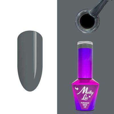 Verniz de unhas profissional Molly Lac roxo com amostra de cor cinzenta e recipiente metálico.