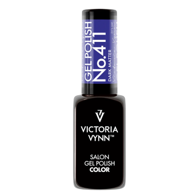 Frasco de verniz gel preto Victoria Vynn com rótulo azul e texto branco