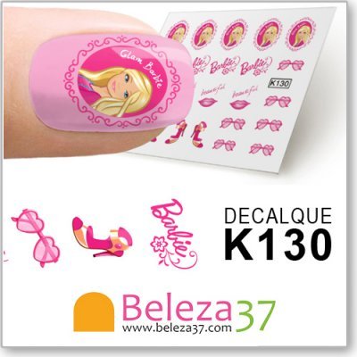Decalque para unhas Barbie com vários desenhos e texto DECALQUE K130