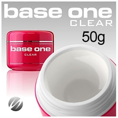Embalagem de base one CLEAR vermelha com tampa, conteúdo branco visível, peso 50g