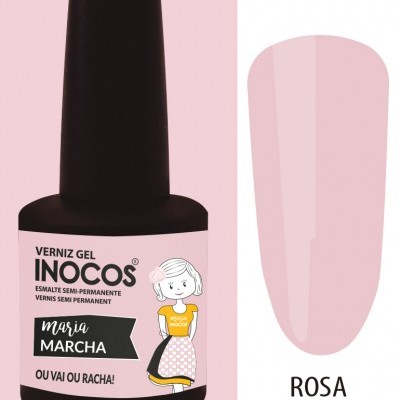 Frasco de verniz gel INOCOS rosa crepe com rótulo ilustrado e amostra da cor