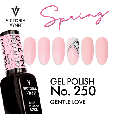 Verniz gel Victoria Vynn No. 250 Gentle Love com unhas postiças rosa claro e padrão