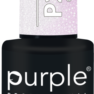 Frasco preto de verniz em gel com rótulo lilás claro e branco