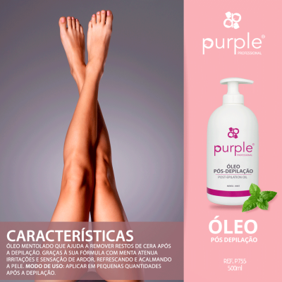 Pernas femininas e frasco de óleo pós-depilação Purple Professional com texto em português