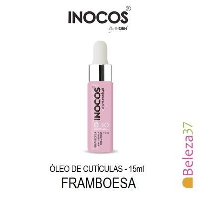Frasco rosa de óleo para cutículas INOCOS com conta-gotas branco e detalhes prateados.