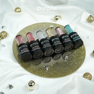 Conjunto de vernizes de gel brilhantes coloridos da Purple Profissional em prato dourado com decoração natalícia em tecido branco.