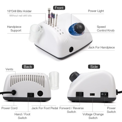 Aparelho branco para brocas com várias funções e entradas visível de diferentes ângulos.
