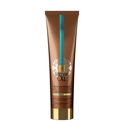 Tubo castanho de creme Mythic Oil com tampa dourada e faixa azul
