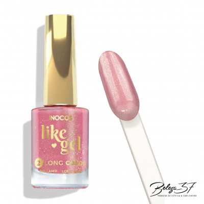 Verniz de unhas cor de rosa com brilho e embalagem com tampa dourada