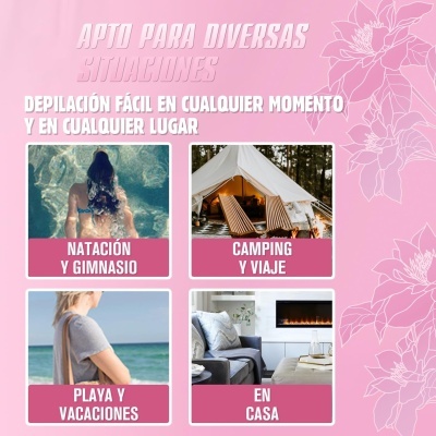 Promoção com texto em espanhol e imagens de piscina, campismo, praia e sala de estar numa disposição em fundo rosa floral