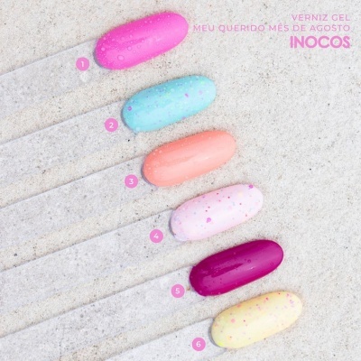 Seis amostras de verniz gel coloridas e texto promocional sobre fundo cinza