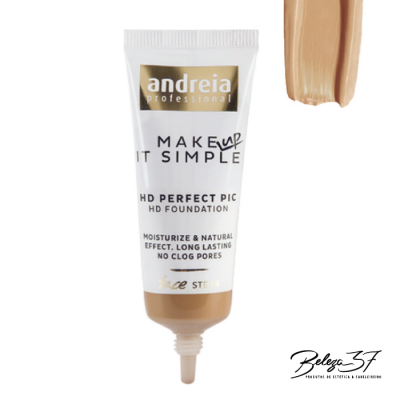 Tubo branco de maquilhagem líquida Andreia Professional com amostra da cor beige