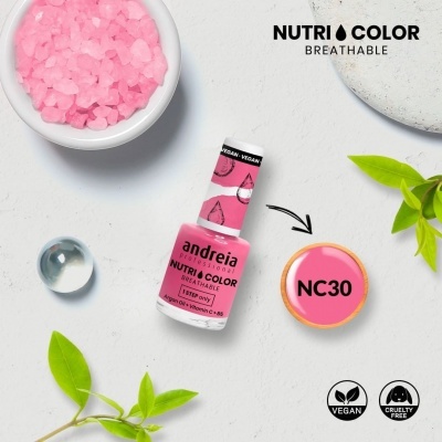 Frasco de verniz de unhas rosa Andreia Nutri Color Breathable com elementos decorativos verdes e rosa