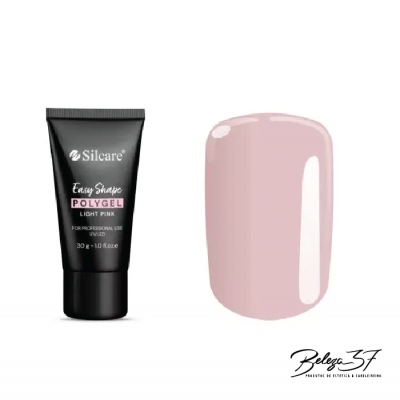Tubo preto de Polygel Silcare Light Pink com amostra cor rosa claro e logotipo Beleza SF em fundo branco
