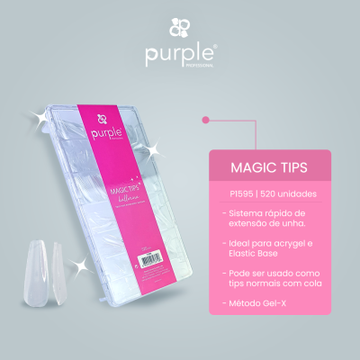 Caixa transparente com etiqueta rosa contém extensões de unhas Magic Tips da Purple Professional