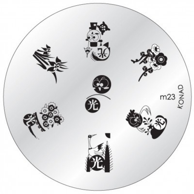 Placa metálica redonda para carimbos de unhas com desenhos florais pretos e texto 'm23 KONAD'