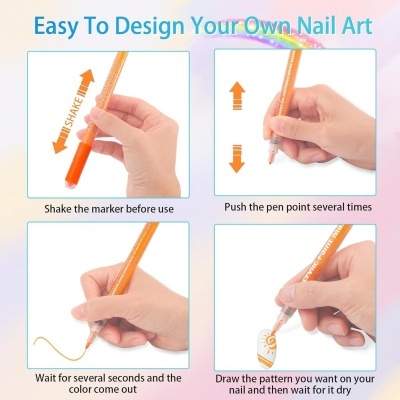 Instruções para usar caneta de tinta acrílica para decoração de unhas, com quatro imagens mostrando o processo de uso