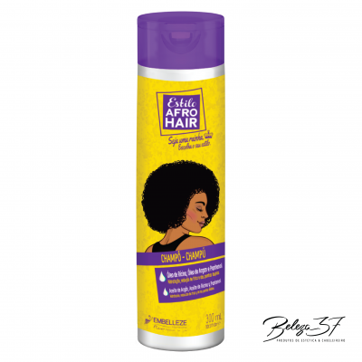 Champô Estilo Afro Hair em embalagem amarela e roxa com ilustração de mulher afro