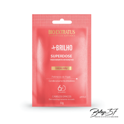 Embalagem rosa coral de tratamento capilar Bio Extratus +Brilho Superdose