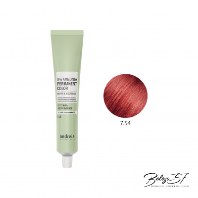 Tubo verde de coloração de cabelo permanente Andreia com indicação 0% amónia e amostra de cor ruiva 7.54