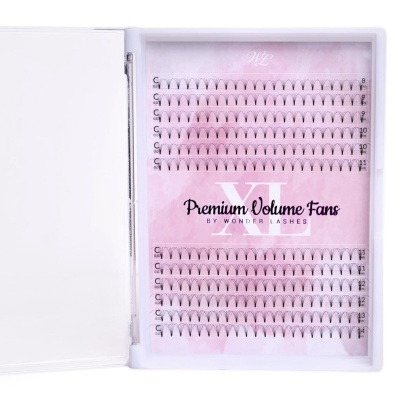 Conjunto de pestanas falsas Volume Fans em caixa plástica com fundo rosa