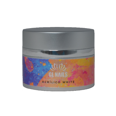 Pote de acrílico branco com tampa cinzenta e rótulo colorido da GL Nails