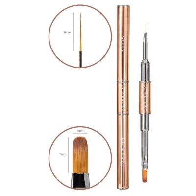 Conjunto de pincéis para maquilhagem com corpo metálico cor de rosa dourado e cerdas castanhas.