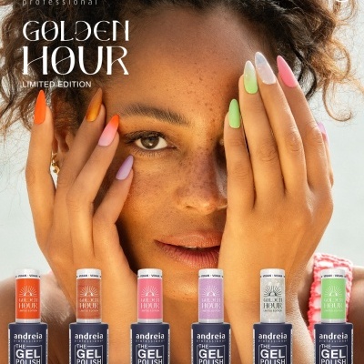 Frascos de verniz gel Andreia Golden Hour Limited Edition em várias cores com modelo mostrando unhas coloridas.