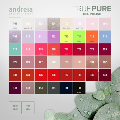 Tabela de 46 cores de vernizes em gel TRUE PURE da Andreia Professional sobre fundo claro com folhas verdes molhadas
