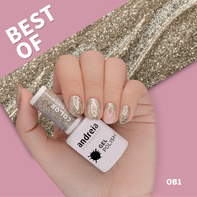 Unhas com verniz gel dourado brilhante segurando frasco de verniz andreia Professional