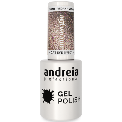 Frasco de verniz gel Andreia Professional com tampa glitter e texto VEGAN e CAT EYE EFFECT