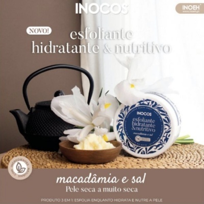 Esfoliante hidratante e nutritivo INOCOS macadâmia e sal com bule preto e flores brancas