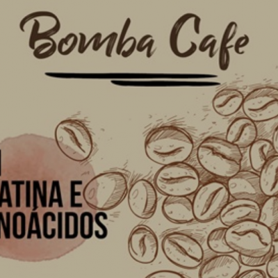 Ilustração de grãos de café com texto 'Bomba Cafe' e 'COM KERATINA E AMINOÁCIDOS'