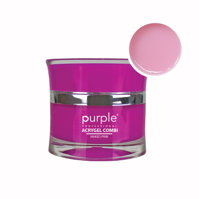 Frasco cor de rosa forte com produto para unhas Acrygel Combi da Purple com amostra de cor rosa claro