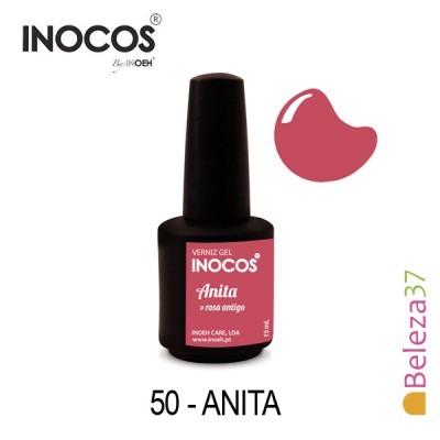 Frasco de verniz gel INOCOS rosa antigo Anita nº 50 com amostra da cor