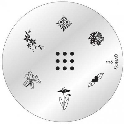 Prato metalizado redondo para carimbos de unhas com padrões florais e texto m6 KONAD