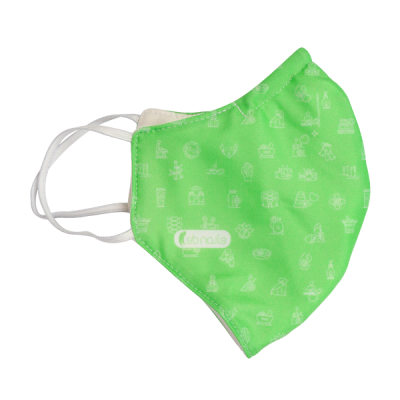 máscara facial verde com padrão branco e logótipo Sbnails