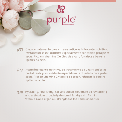 Informação sobre óleo de tratamento para unhas e cutículas Purple Professional com flores rosas ao lado