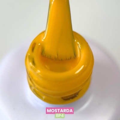 Frasco aberto de mostarda amarelo com etiqueta MOSTARDA BP4