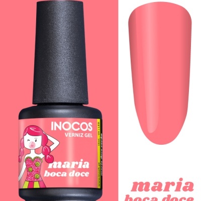 Frasco de verniz gel INOCOS cor-de-rosa com desenho de rapariga e texto 'maria boca doce'