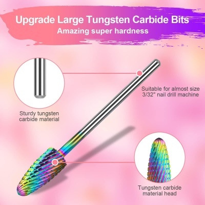 Ponta grande de carboneto de tungsténio para broca com cabeças coloridas iridescentes e texto descritivo.