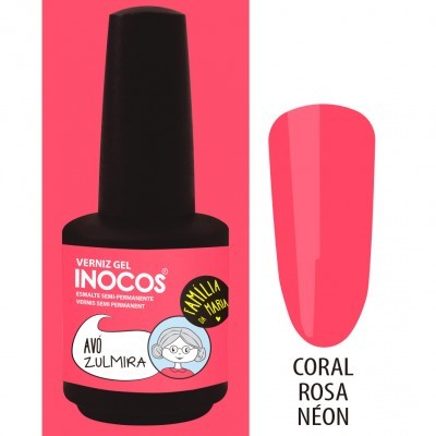 Frasco de verniz gel INOCOS Rosa Coral Néon com rótulo e desenho de senhora