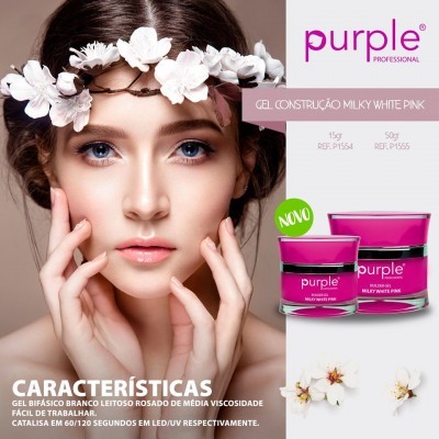 Produtos Purple Professional Milky White Pink com modelo feminina e coroa de flores brancas