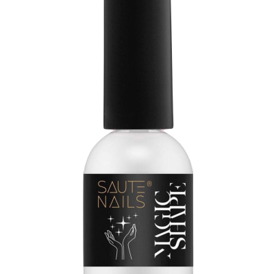 Verniz para unhas branco com tampa preta e rótulo preto 'SAUTE NAILS MAGIC SHINE'.