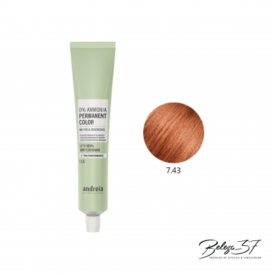 Tubo de coloração capilar permanente Andreia cor 7.43 com fundo branco